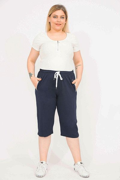 Şans Women's Navy Blue Large Size Side Pocket Tracksuit Capri 65n35869