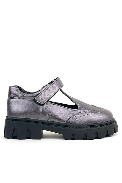 Rakerplus Pantofi de școală pentru fete, piele naturală, platină, cu talpă neagră, cu velcro