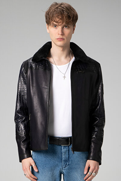 Dericlub Zaragoza Erkek Jumbo Yaka Kürklü Hakiki Deri Mont Lacivert