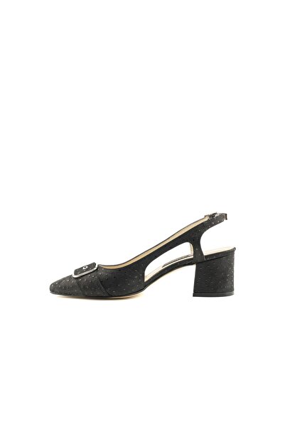 TOGO Siyah Kuşgözü Hakiki Deri Arkası Açık Bantlı Kadın Topuklu Ayakkabı [060100]