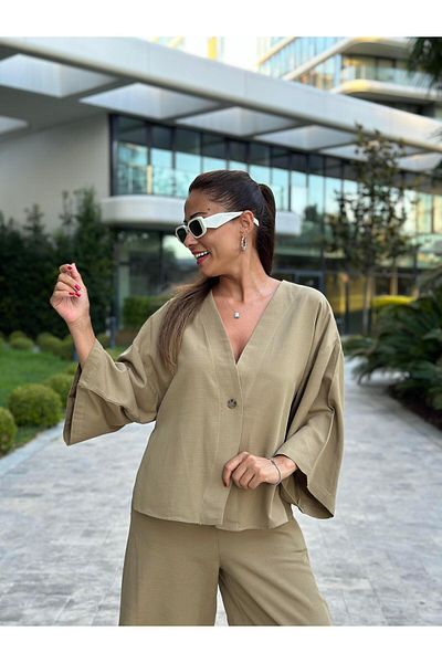 Forlady4 Linen Women's Set - Khaki Kimono and Trousers, Single Button