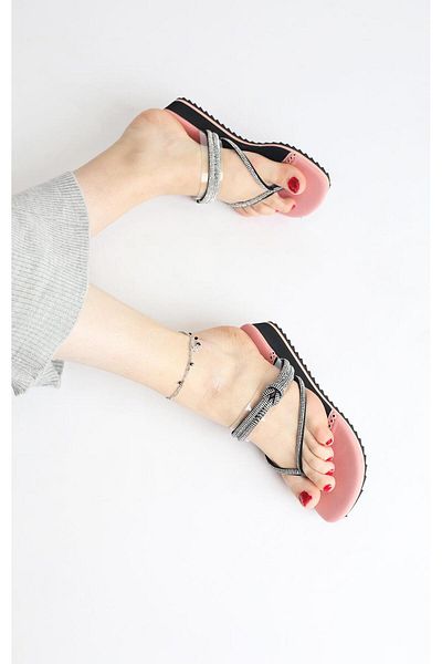 PARİS Black Eva Slippers - Paris Pudraya, Thin Stone Detailed