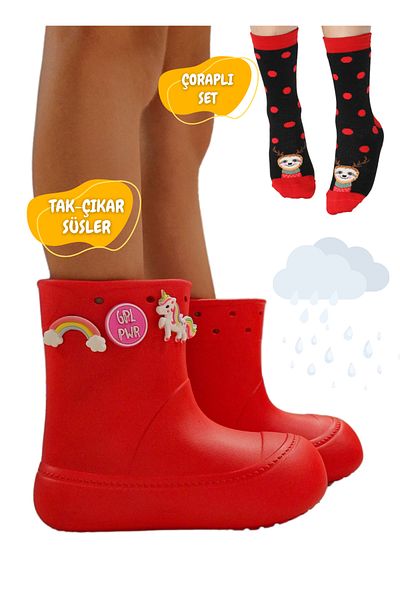 Casabony Red Rain Boots and Deer Socks Set