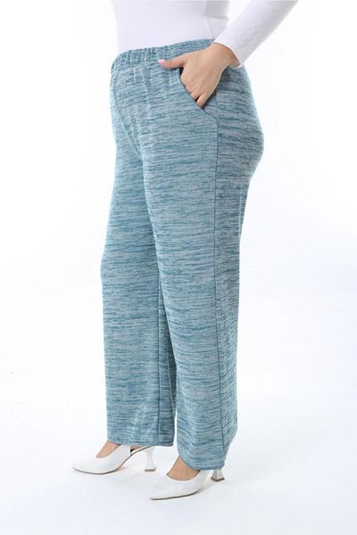 Şans Green Steel Knitted - Large Size Women's Trousers with Elastic Waist Pockets 65N38330