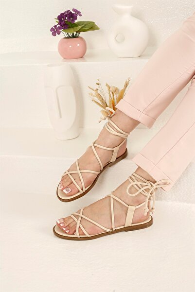 Ccway Sandale cu șnur pentru damă, piele cremă