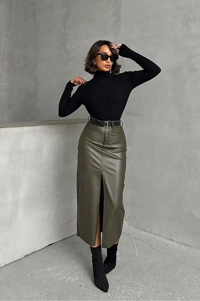 Ecenin Favorileri Khaki Faux Leather Front Slit Skirt