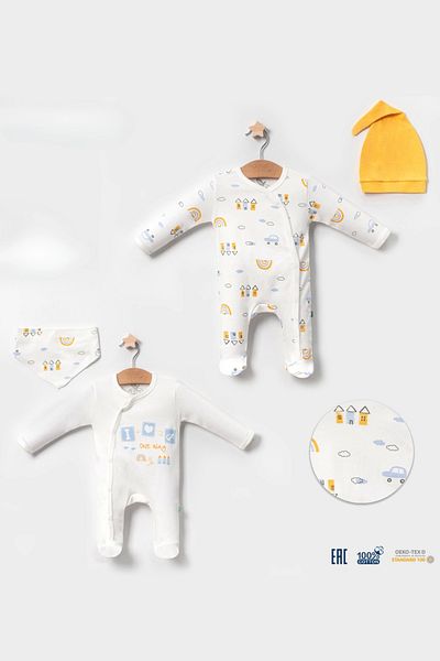 Babydonat Yellow 4-Piece Baby Boy Rompers with Car Pattern
