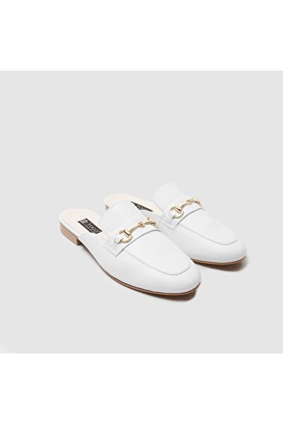 TOGO Beyaz Hakiki Deri Kadın Loafer Terlik [060113]