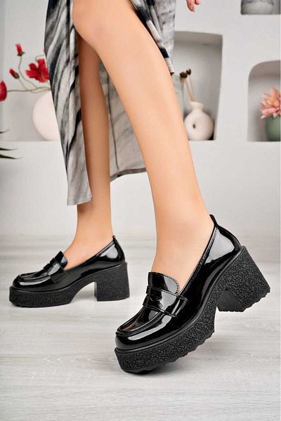BAHRİNA Black Patent Leather Heeled Loafer Moccasin Women's Shoes