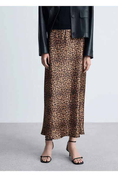 MANGO Woman Leopard Patterned Satin Skirt
