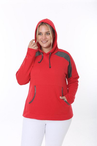 Şans Large Size Women's Red Hooded and Pocket Sweatshirt - 3 Thread 65N38328