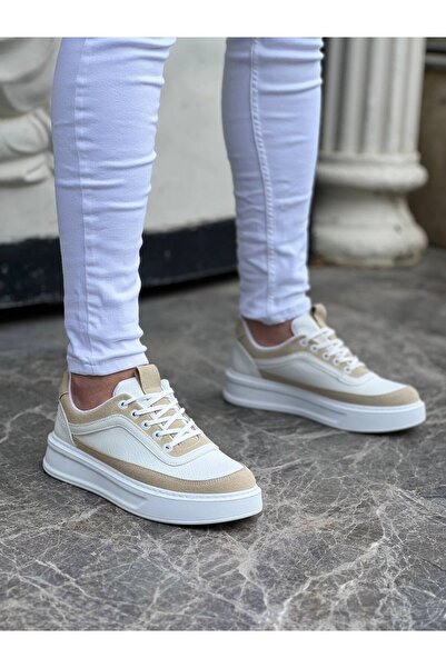 BOA KB 006 Beyaz Cilt Bej Süet  Yüksek Taban Bağcıklı Günlük Erkek Ayakkabı