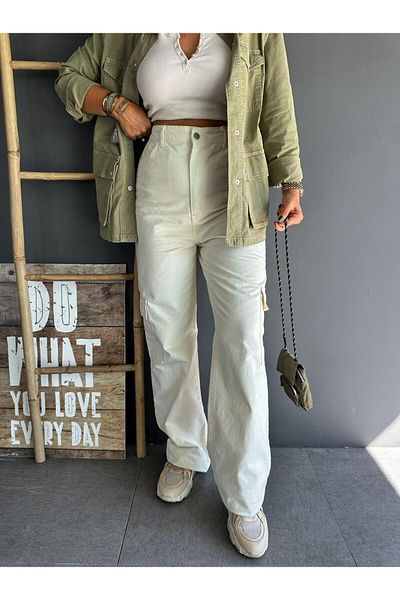 Zerrincan Giyim Original Cream Trousers - with Cargo Pocket and Pocket