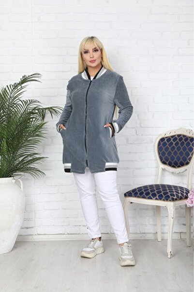 Şans Large Size Gray Corduroy Women's Jacket - 65N38329
