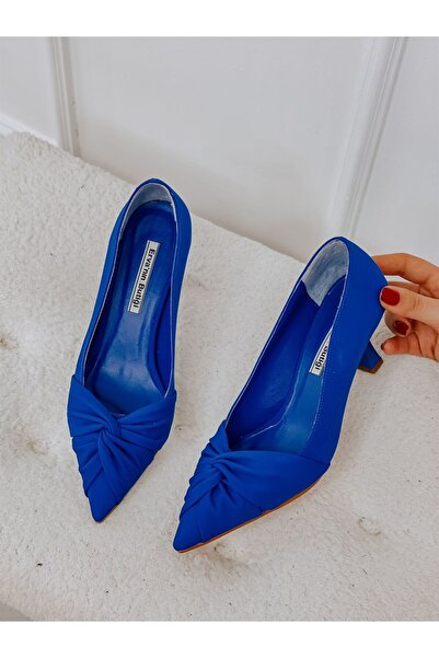 ERVANIN BUTİĞİ Saks Mavi Saten (CrossBow) Fiyonk Detay Kadın Stiletto