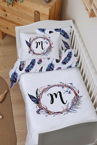 Tuğba Kuğu Park Bed Crib Bedding Set (80x120) - Letter Series - Navy Blue Floral - Letter M