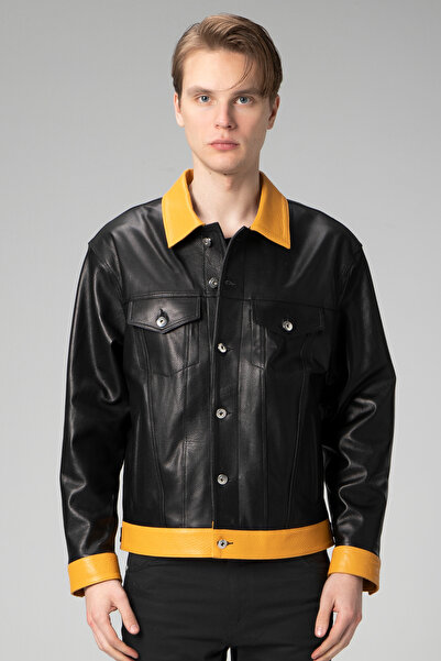 Dericlub Sidney Erkek Jumbo Spor Hakiki Deri Ceket Siyah/sarı