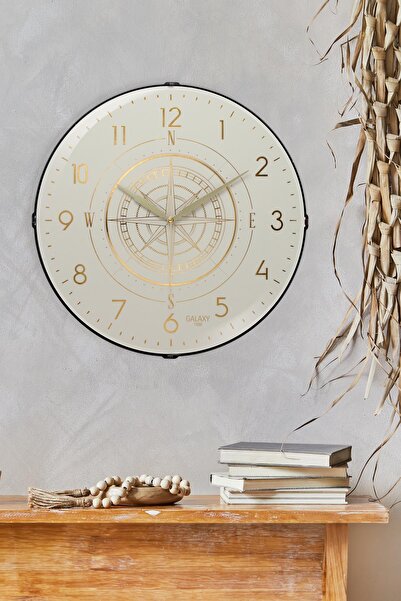 Galaxy YALDIZLI KREM ZEMİNLİ PUSULA BASKILI DUVAR SAATİ 35 CM