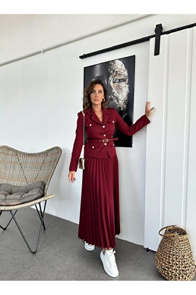 Zerrincan Giyim Sada prémiové klaretové červené bundy a sukně