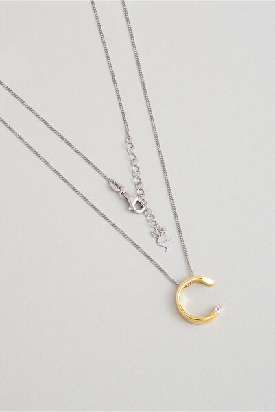 So CHIC... Asimetrik C Harfi 18 Ayar Beyaz ve Sarı Altın Kaplama 45 Cm Gümüş Harfli Kolye