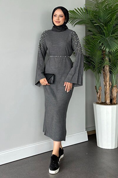 Hazamoda Gray Shoulder Pearl Knitwear Dress