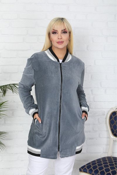 Şans Large Size Gray Corduroy Women's Jacket - 65N38329