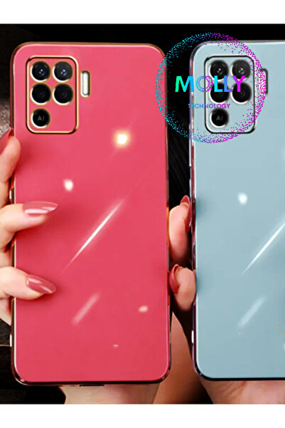 Molly Oppo Reno 5 Lite İçin Petrol Mavisi Kenarları Gold Detaylı Lüks Silikon Kılıf