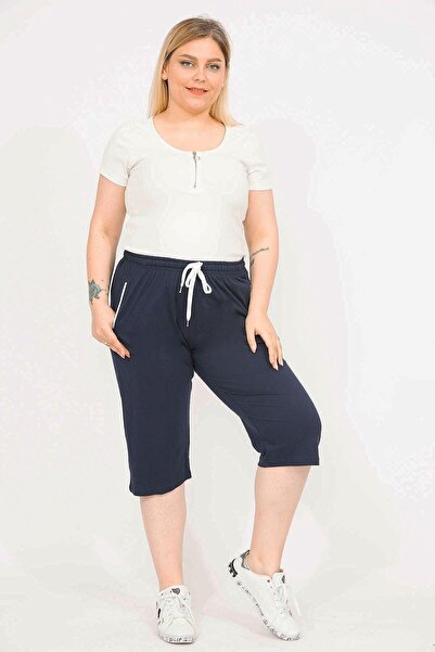Şans Women's Navy Blue Large Size Side Pocket Tracksuit Capri 65n35869