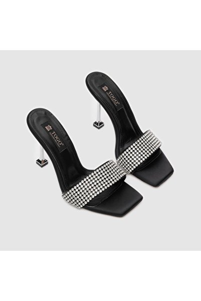 TOGO Siyah Saten Gümüş Kadın Abiye Terlik [060238]