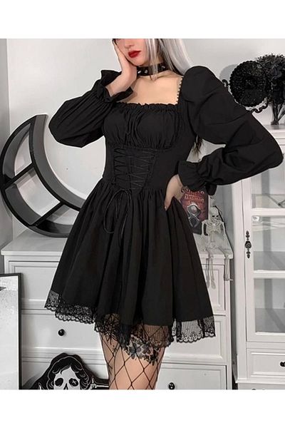 DarkellaStore Gothic Lolita Victorian Lace Flounce Long Sleeve Dress