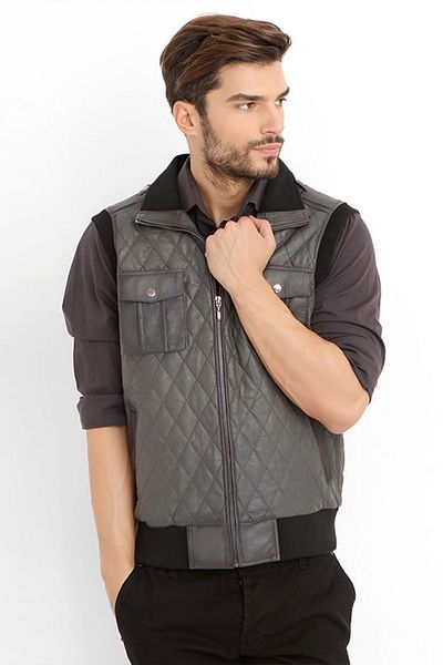 Dericlub Ανδρικό καπιτονέ γιλέκο με φερμουάρ - Alicante Grey γνήσιο δέρμα