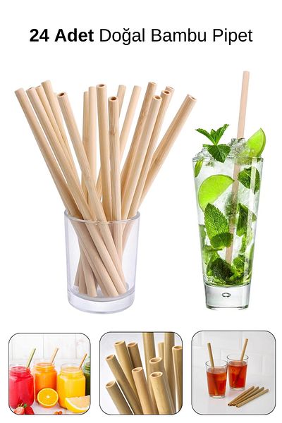 Meturas Eco-Friendly Natural Bamboo Straws Set 24 Pieces Reusable 20 cm