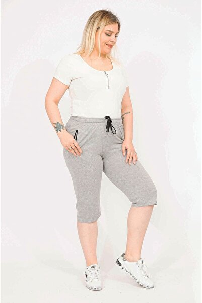 Şans Women's Gray Large Size Side Pocket Tracksuit Capri 65n35869