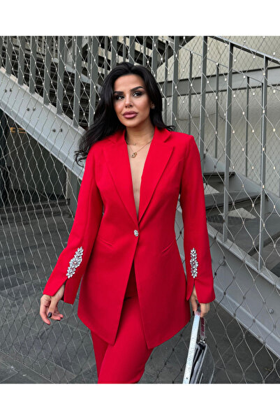 pembekurdelem Red Women's Set - Stone Detailed Jacket and Trousers