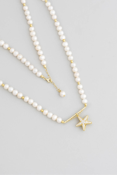So CHIC... İnci Yıldızı 18 Ayar Sarı Altın Kaplama 45 Cm Gümüş Doğal Taşlı Kolye