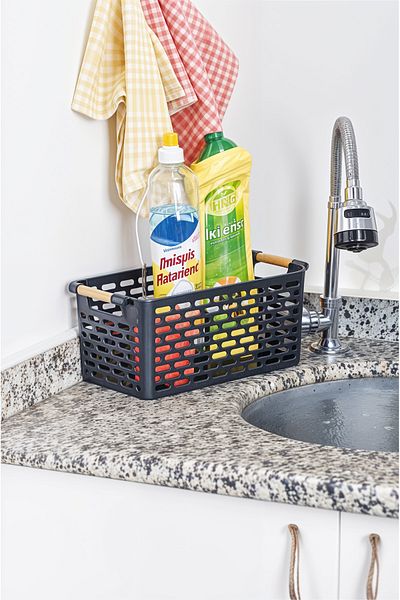 Milenay Set de 2 coșuri din plastic pentru organizator multifuncțional, frigider și organizator pentru baie, 27x15x12cm, negru