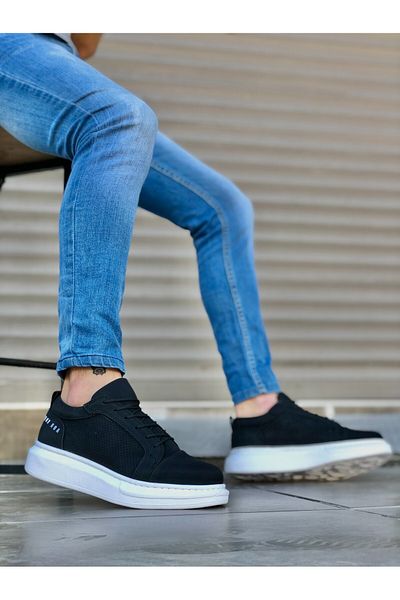 BOA BOA BA0548 - Men's Black Sports Shoes, Thick High Sole and Laces