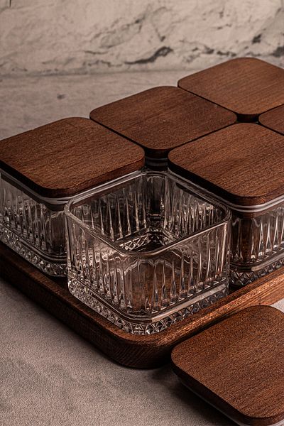 Snippy Bella Square Set of 6 - Wooden Vacuumed Glass Breakfast Snack Bowl 230 ml with Rectangular Tray