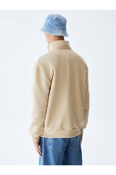 Ltb Düz Dik Yaka Yarım Fermuarlı Regular Fit Krem Sweatshırt