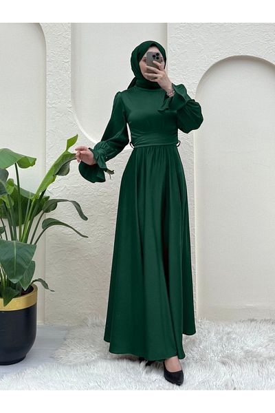 Modamorfo Green Satin Evening Dress - Cross Tie Waist