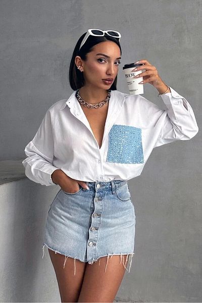 Ecenin Favorileri Cămașă albă de damă cu buzunar din denim albastru