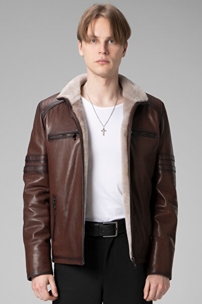 Dericlub Parma Erkek Jumbo Içi Kürklü Dik Yaka Hakiki Deri Mont Fındık