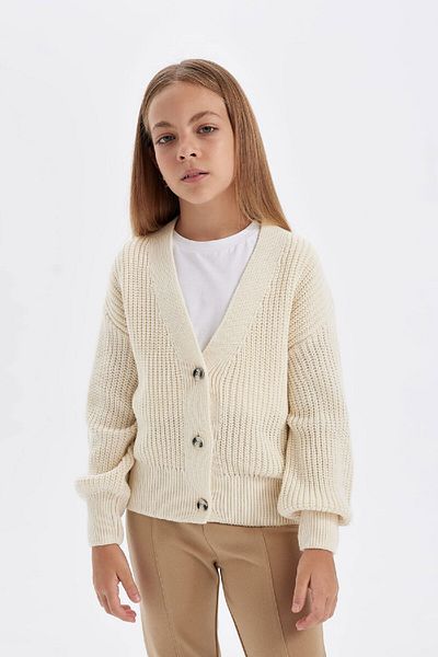 DeFacto Girl's Knitwear Basic Plain Buttoned Ecru V-Neck Cardigan Tyce9C76051C5F 882696 E6B5