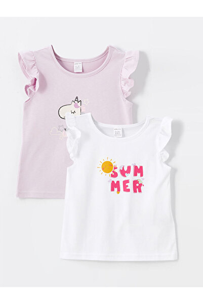 LC Waikiki Sada 2 potištěných halenek s krátkým rukávem s výstřihem pro holčičku