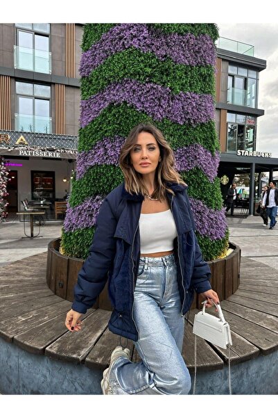 Zerrincan Giyim Lacivert Kürklü Büzgülü Mont