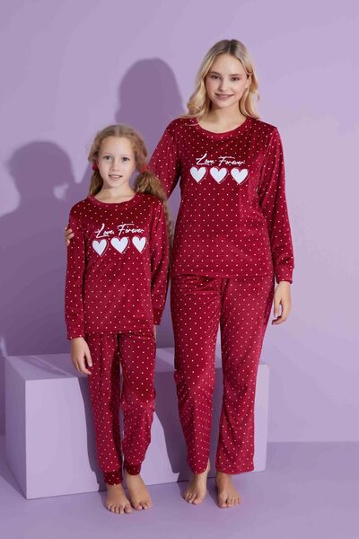 Mina Style Mother Girl Red Polka Dot Heart Embroidered French Velvet Pajama Set