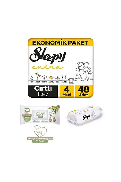 Sleepy Extra Daily Activity Baby Diapers Size 4 Maxi 48 Pieces + /turco Wet Baby Towel X2 Set