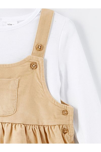 LC Waikiki Lcw Eco Beige Square Collar Salopette and T-Shirt 2 Pieces Set for Baby Girl