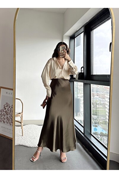 Pullaps Beli Lastikli Maxi Boy Uzun Saten Etek Haki