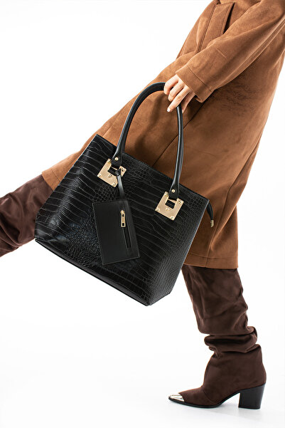 By EDUU Krokodil mintás fekete nagyméretű női táska - pénztárcával